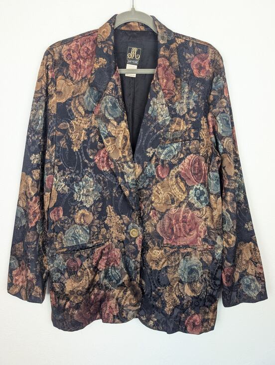 Vintage Jackets & Blazers - Vintage Jacket Metallic Floral Jacquard San Moire Whimsigoth Fairy Grunge Size M